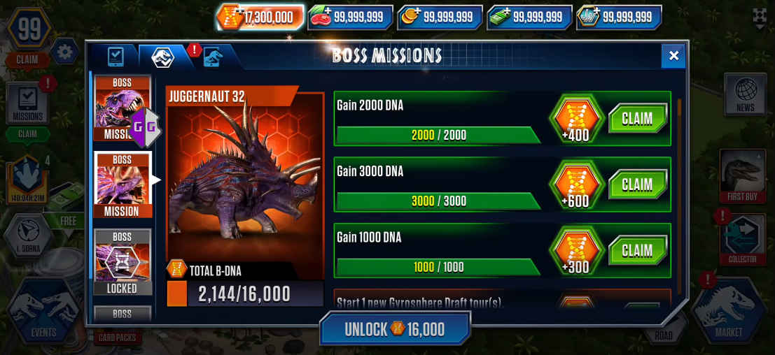 Screenshot showing unlimited resources in Jurassic World The Game MOD