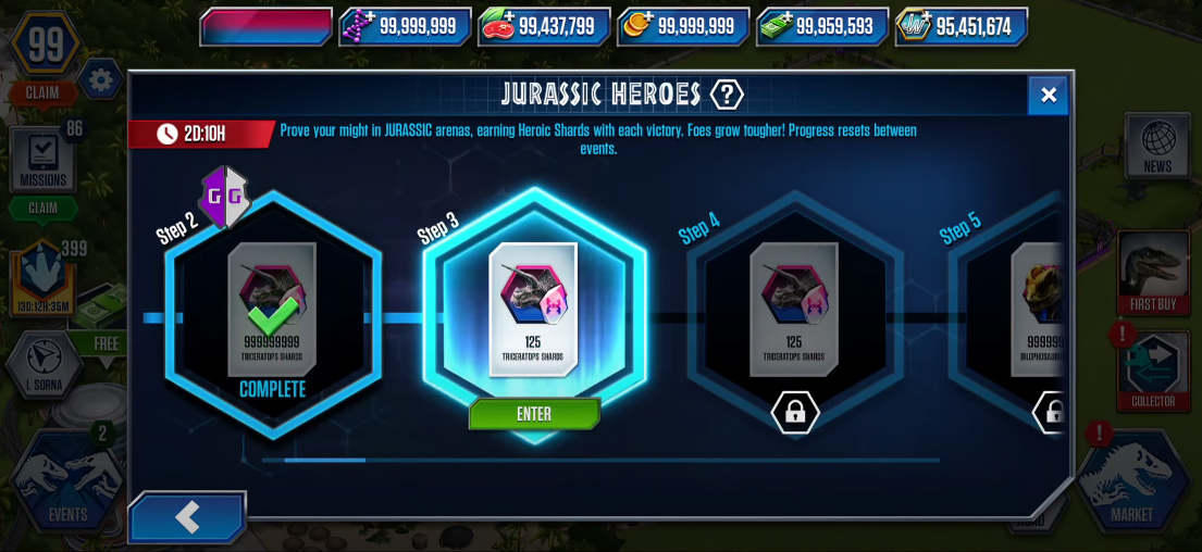 Screenshot showing all unlocked dinosaurs in Jurassic World The Game MOD